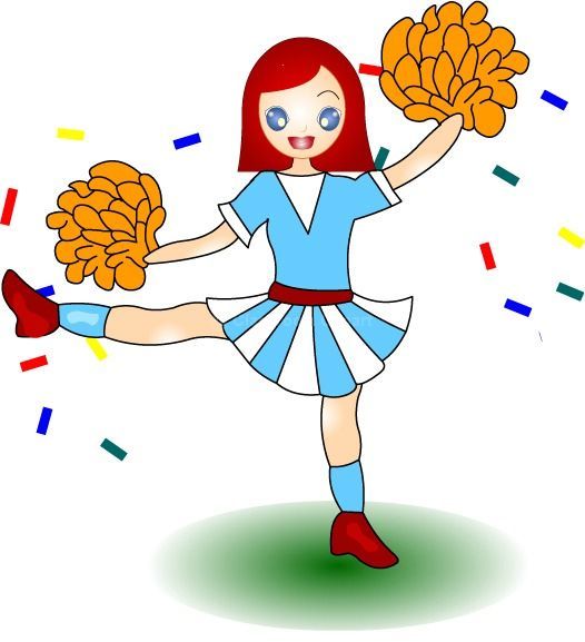 Red-haired cheerleader in blue and white uniform performing with orange pom-poms and confetti.