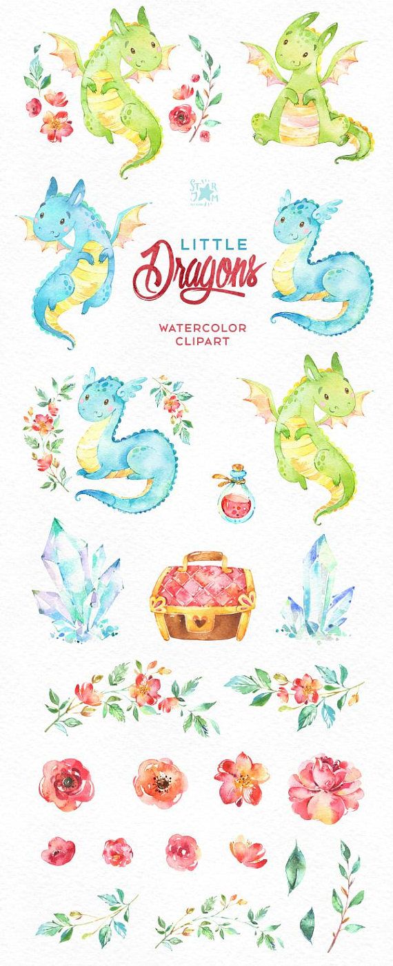 Watercolor clipart set featuring cute green and blue dragons, flowers, crystals, treasure chest, and potion bottle.
