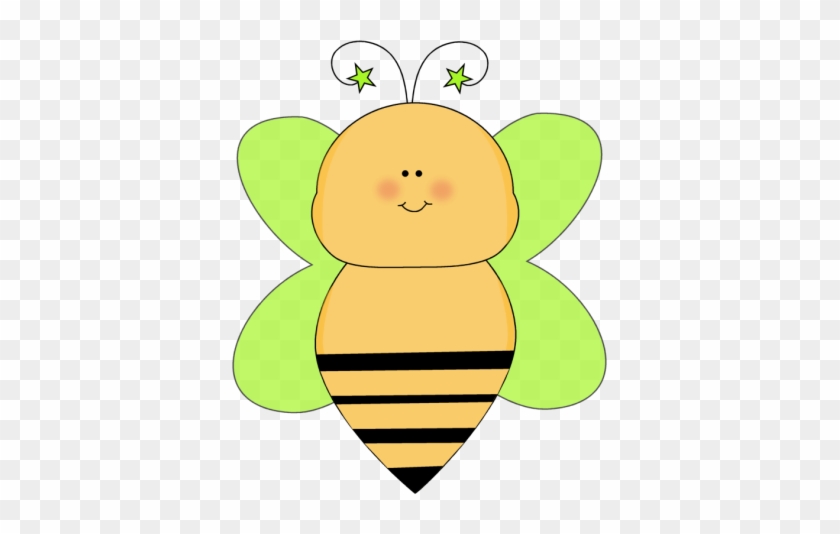 Cute cartoon bee with green wings, yellow body, black stripes, and star-tipped antennae on transparent background.