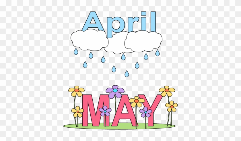 April showers bring May flowers-illustration with rain clouds above colorful blooms surrounding the word "MAY".