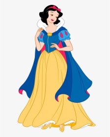 Snow White in her iconic blue and yellow gown with red accents and white fur trim, standing gracefully.