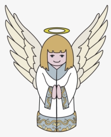 Smiling cartoon angel with golden halo, large white wings, and ornate robe, hands clasped in prayer.
