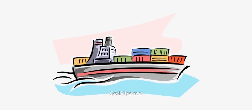 Colorful cargo ship carrying stacked shipping containers on blue water with pink sky background.