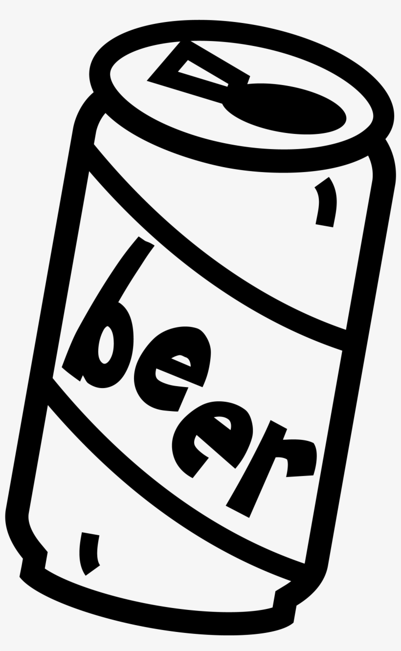 Black-and-white line drawing of a tilted aluminum beer can with "beer" label and pull-tab lid.