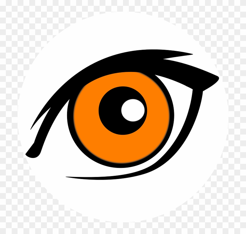 Stylized cartoon eye with orange iris, black pupil, and bold black eyeliner on white background.