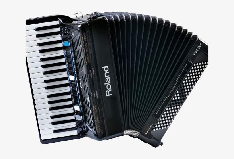 Roland FR-3x V-Accordion with piano-style keyboard and black bellows, modern digital accordion design.