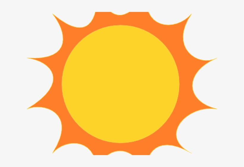 Bright yellow sun with orange jagged rays on white background, stylized cartoon icon.