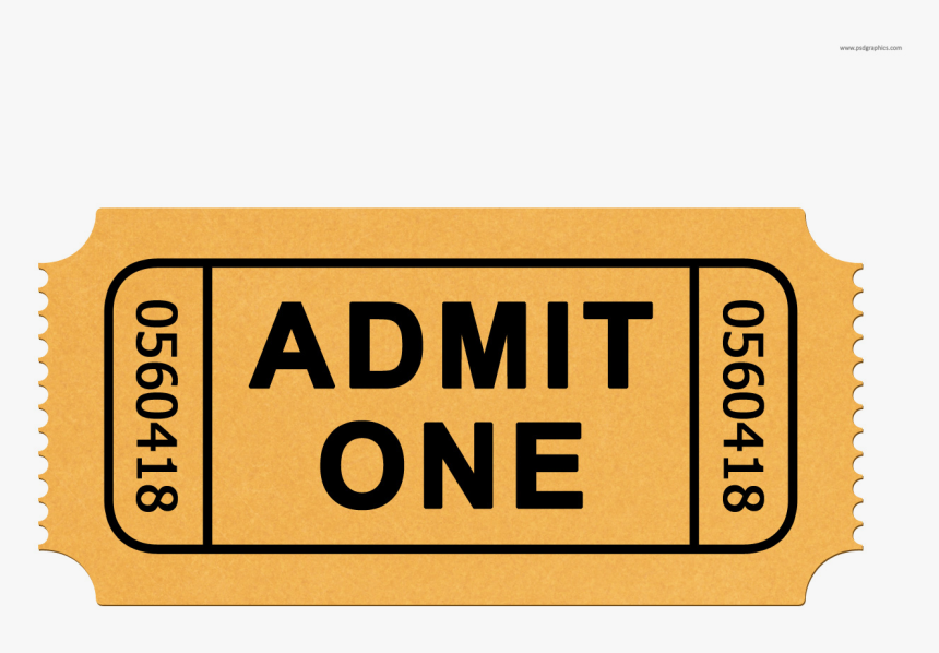 Vintage-style yellow "Admit One" ticket with serial number 0560418 and serrated edges.