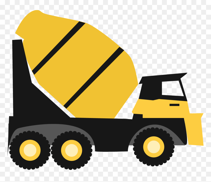 Yellow and black cement mixer truck illustration with rotating drum and large tires on transparent background.