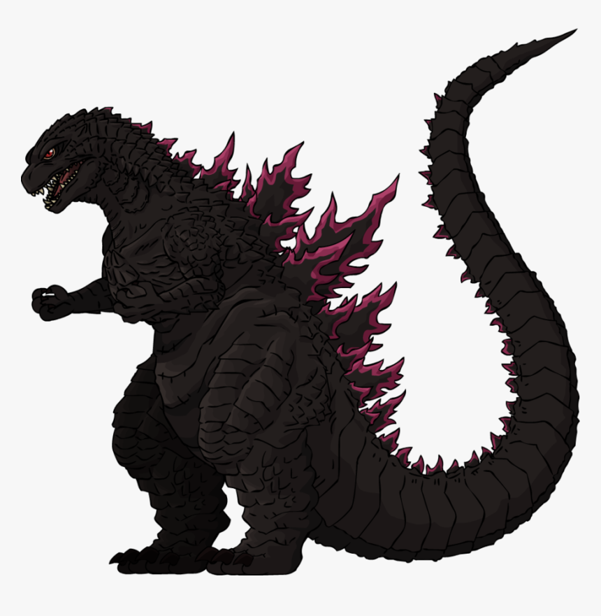 A black, heavily armored Godzilla with glowing magenta dorsal fins and spiked tail, roaring aggressively in side profile.