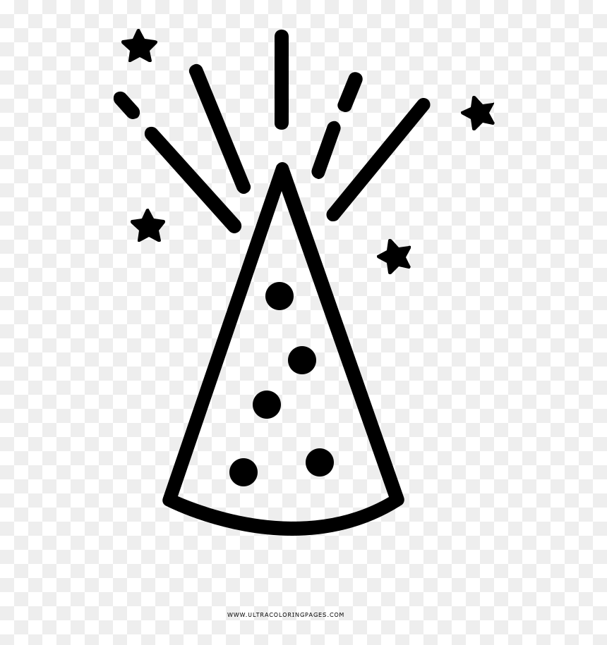 Black-and-white line art of a party hat with confetti and stars, symbolizing celebration and festivity.