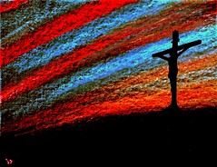 Silhouette of Christ on the cross against a vibrant red, blue, and orange textured sky.