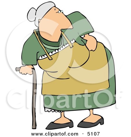 Elderly woman with gray hair, green dress, yellow apron, holding a cane and adjusting her shawl.
