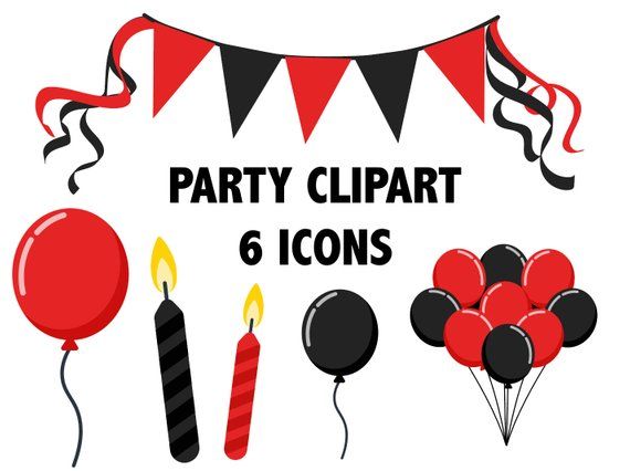 Party clipart set with red/black bunting, balloons, candles, and festive icons - 6 vector illustrations.