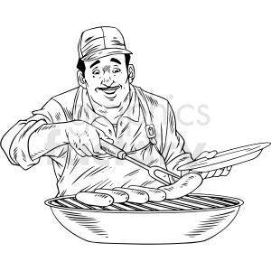 A cheerful chef in an apron and cap grills sausages on a barbecue, holding tongs and a platter.