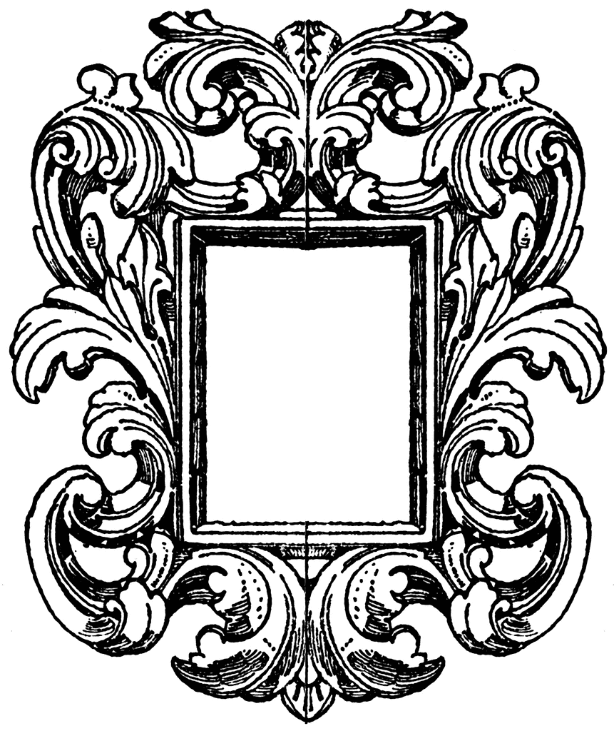 Ornate black-and-white Rococo-style decorative frame with symmetrical acanthus leaf scrolls and central blank rectangle.