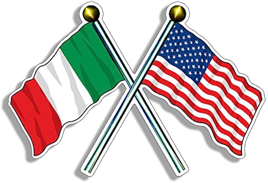 Crossed Italian and American flags on flagpoles, symbolizing friendship or alliance between Italy and the United States.