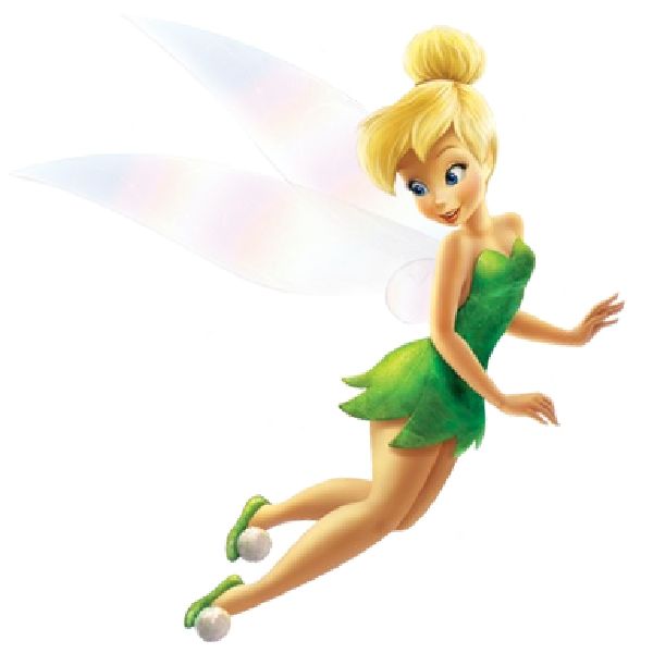 Tinker Bell flying with translucent wings, wearing a green leaf dress and white shoes.