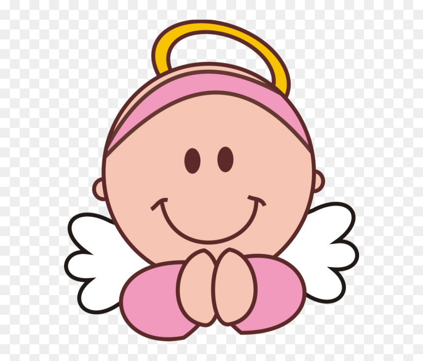 Smiling cartoon baby angel with pink outfit, white wings, and golden halo.
