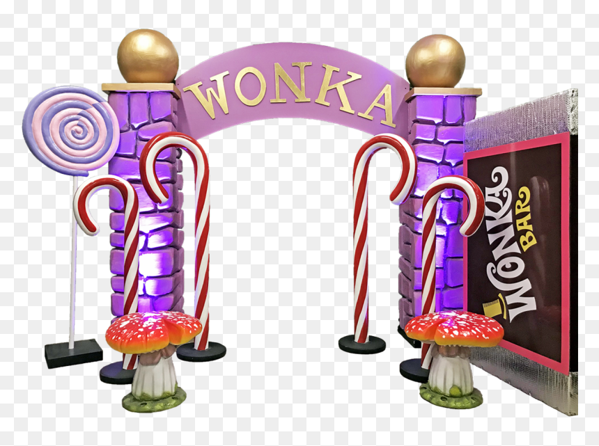 Whimsical Wonka-themed entrance arch with candy canes, lollipops, glowing mushrooms, and purple brick pillars.