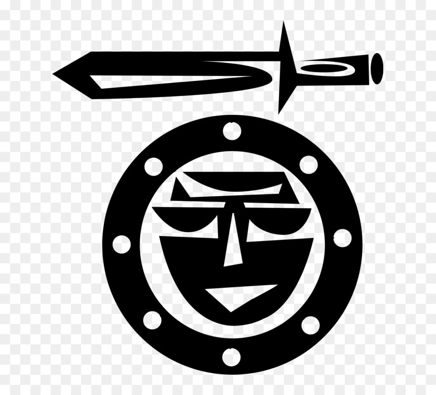 Stylized black-and-white emblem featuring a sword above a circular shield with a geometric mask face and rivets.