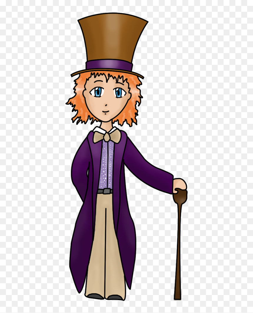 Cartoon-style Willy Wonka with orange hair, purple coat, top hat, and cane.