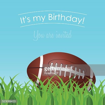 Brown American football resting in green grass with "It's my Birthday! You are invited" text above on light blue background.