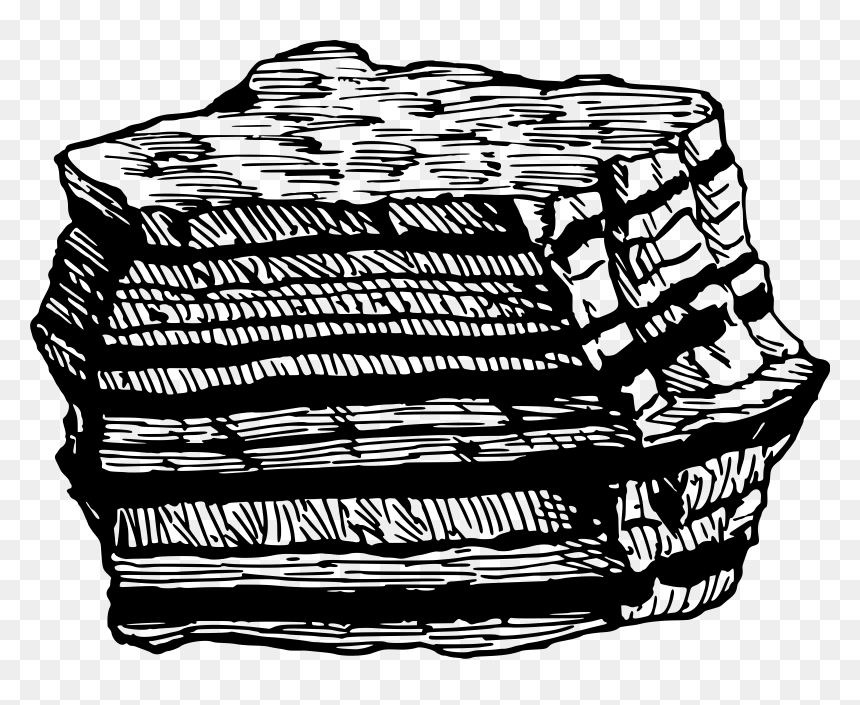 Black-and-white line drawing of a layered sedimentary rock formation with visible strata and erosion features.