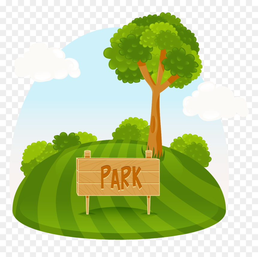 A cartoon-style park scene with a wooden "PARK" sign on a grassy hill, a tall tree, bushes, and clouds in a blue sky.