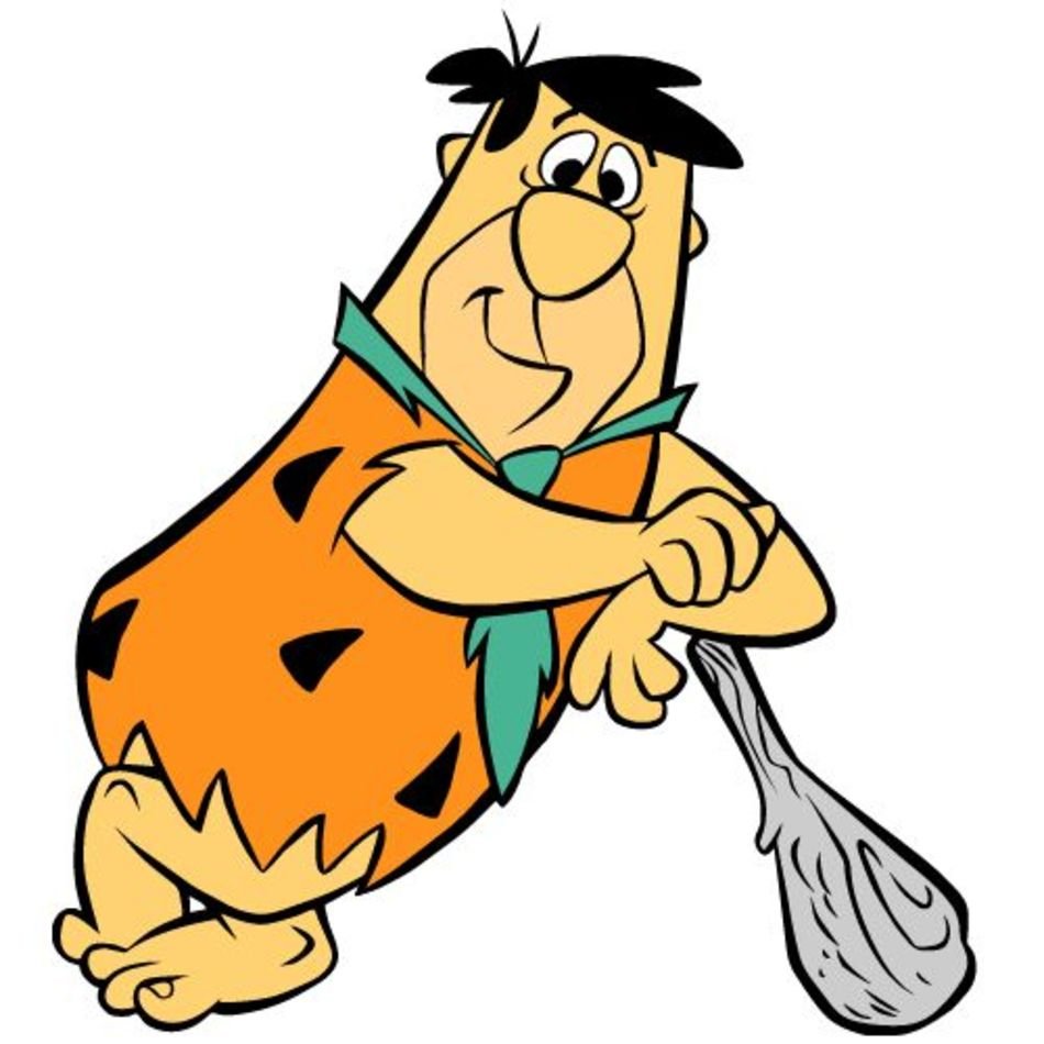 Fred Flintstone holding a stone-age club, smiling confidently in his orange spotted tunic and green tie.