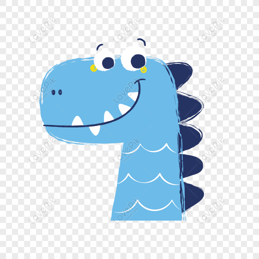 Friendly blue cartoon dinosaur with big eyes, smiling mouth, and spiky back on transparent background.
