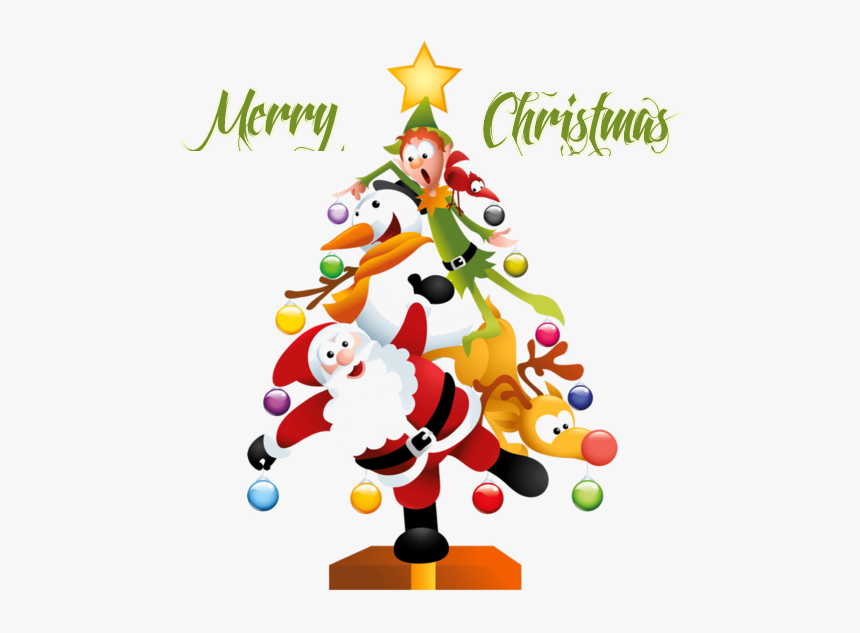 Festive Christmas Tree Illustration - Santa, Elf & Friends Celebration