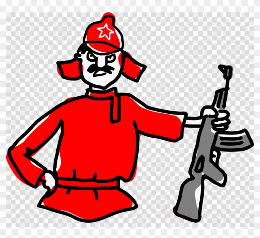 Cartoon soldier in red uniform and star cap holding an AK-47 rifle, stylized with bold outlines and expressive face.