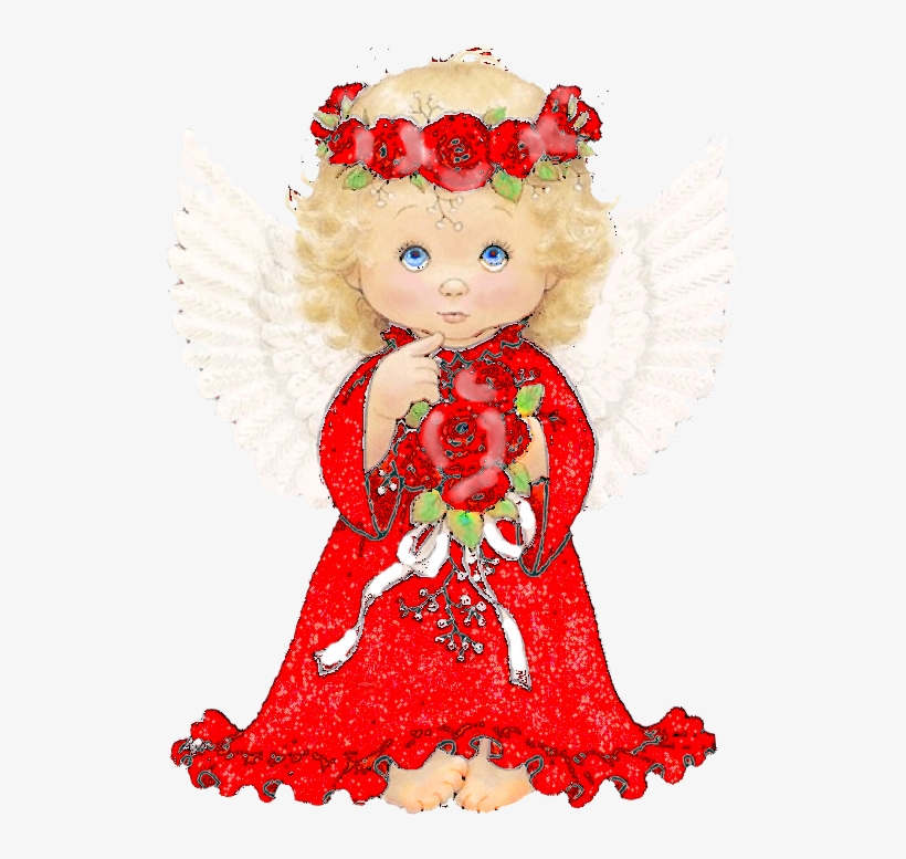 A cherubic angel with blonde curls, white wings, and a red rose crown holds a bouquet of red roses in a sparkling red dress.