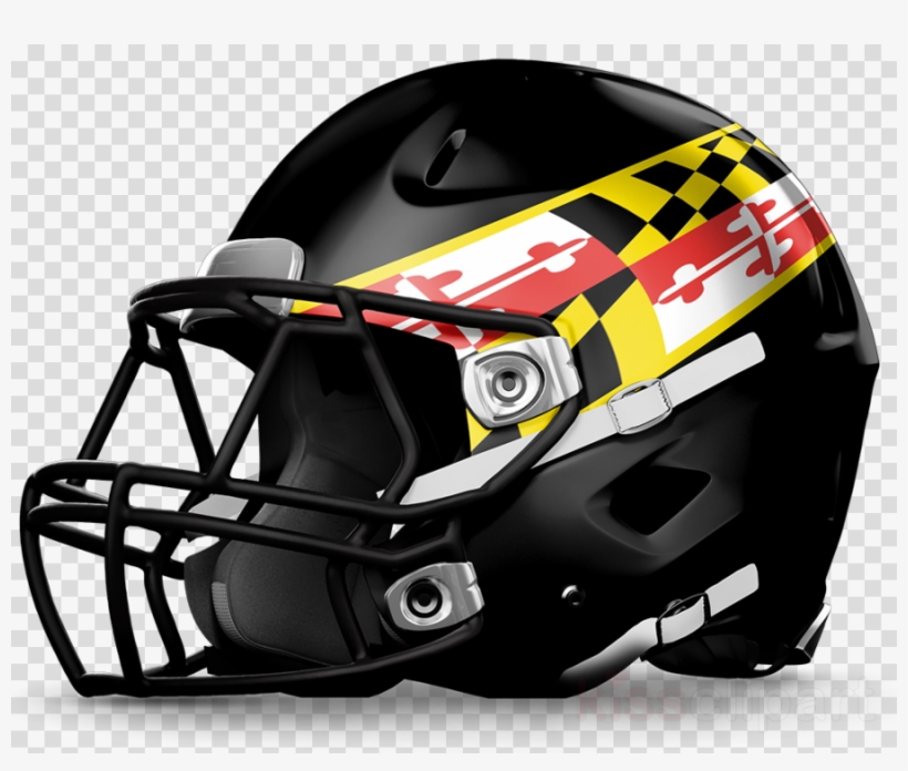 Black football helmet with Maryland state flag design on the side and faceguard attached.