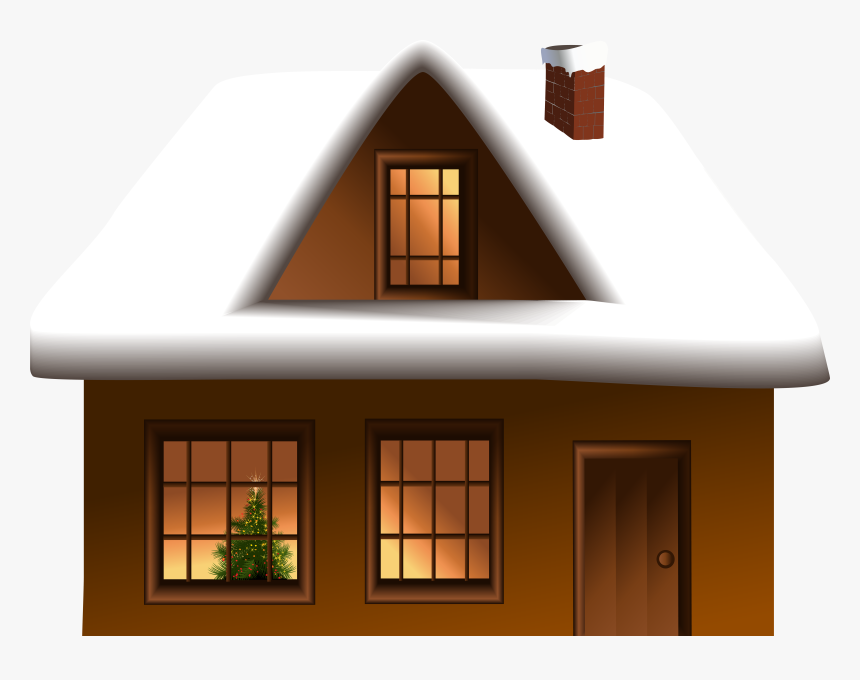 Cozy brown house with snow-covered roof, glowing windows, Christmas tree inside, and brick chimney.