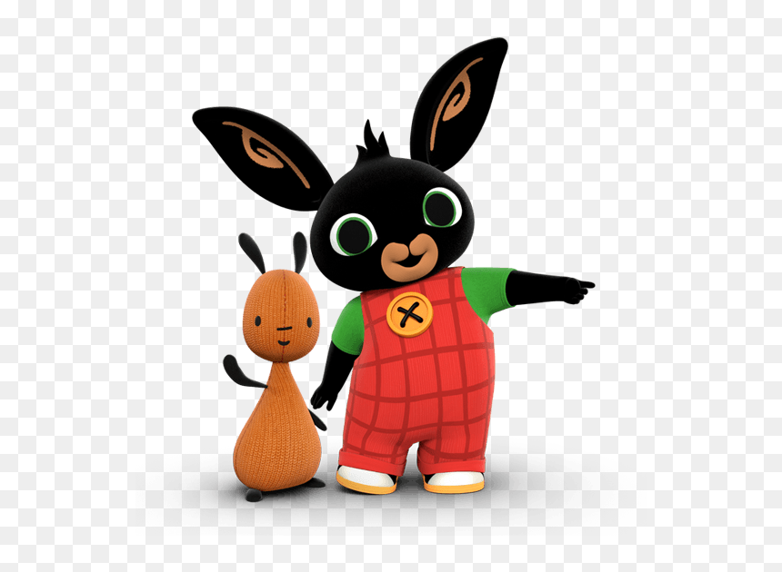 Bing the black bunny in red overalls points beside his friend, a small orange knitted character, against a transparent background.