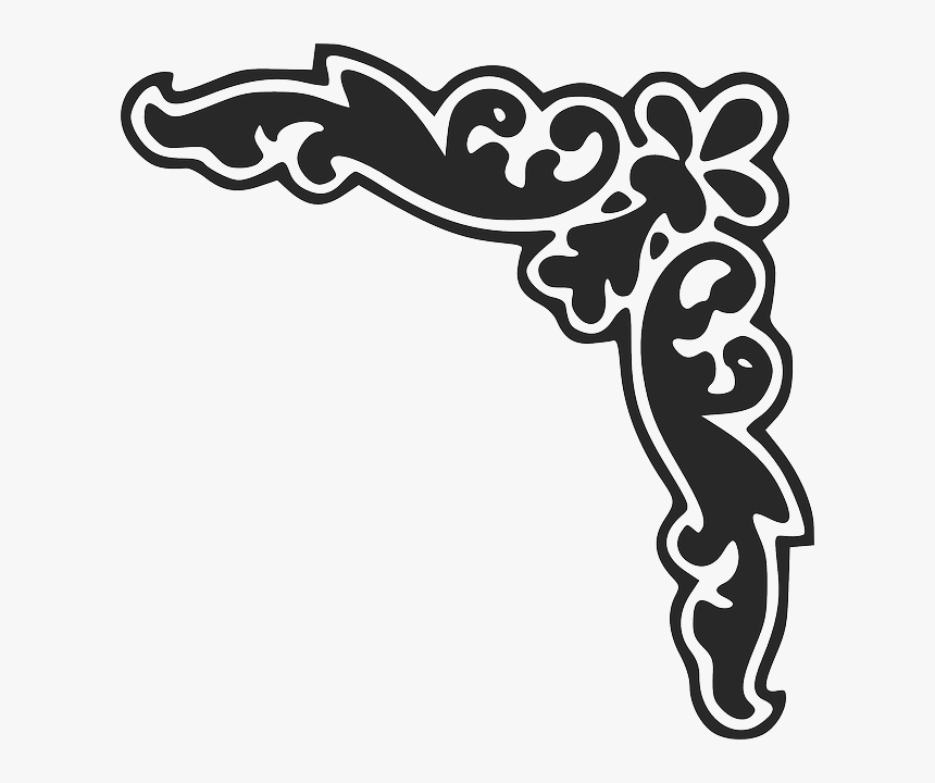 Black ornate corner flourish design with intricate scrollwork and floral motifs on white background.