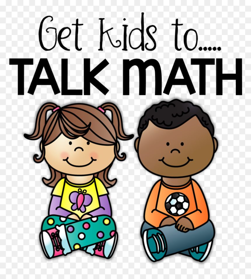 Two smiling cartoon children sitting cross-legged with text "Get Kids to Talk Math"