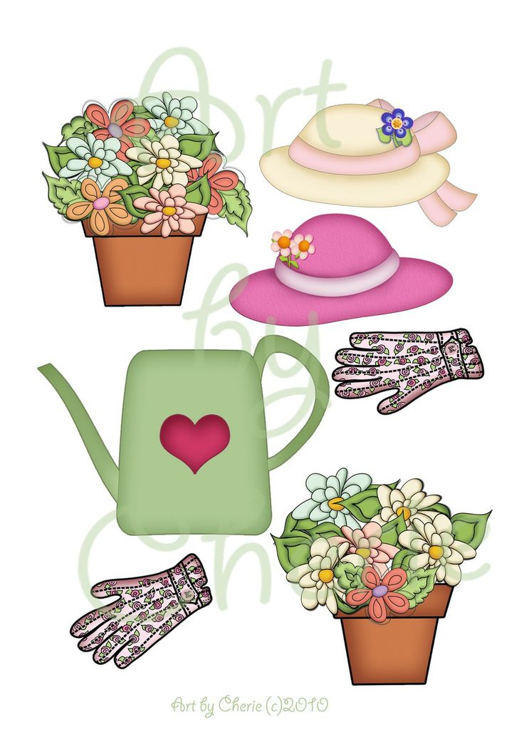 Vintage gardening clipart set: floral pots, watering can with heart, hats, and patterned gloves.