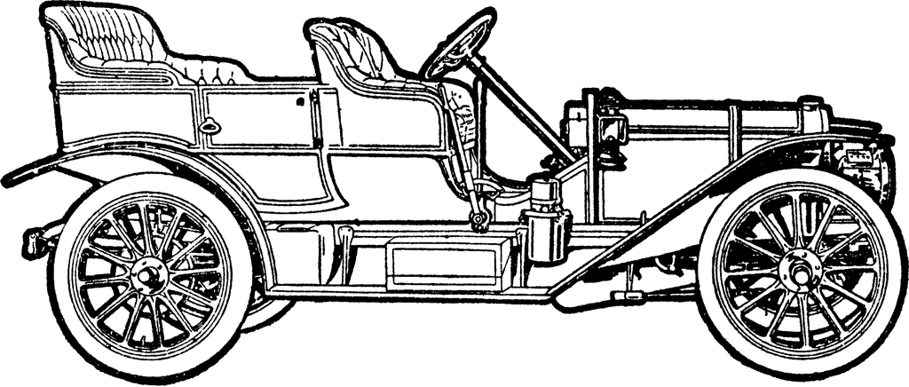 Vintage open-top automobile with two seats, spoked wheels, and exposed engine, early 20th-century design.