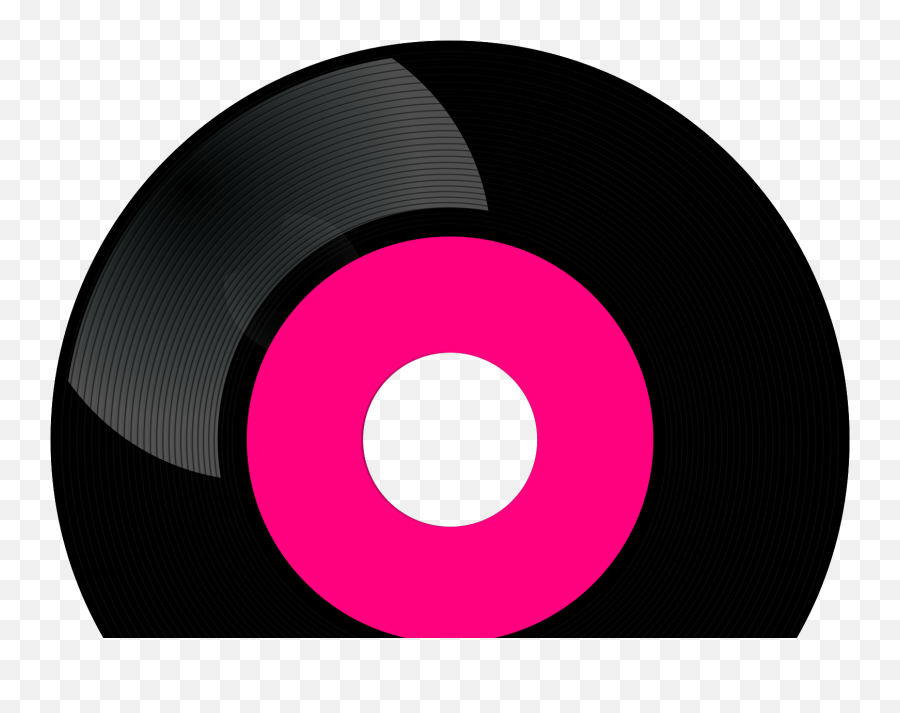 Black vinyl record with vibrant pink label and white center hole, glossy surface with grooves visible.
