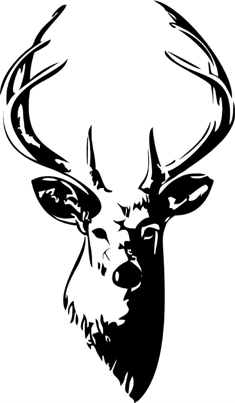 Black-and-white stylized illustration of a deer head with large antlers and split-tone shading.