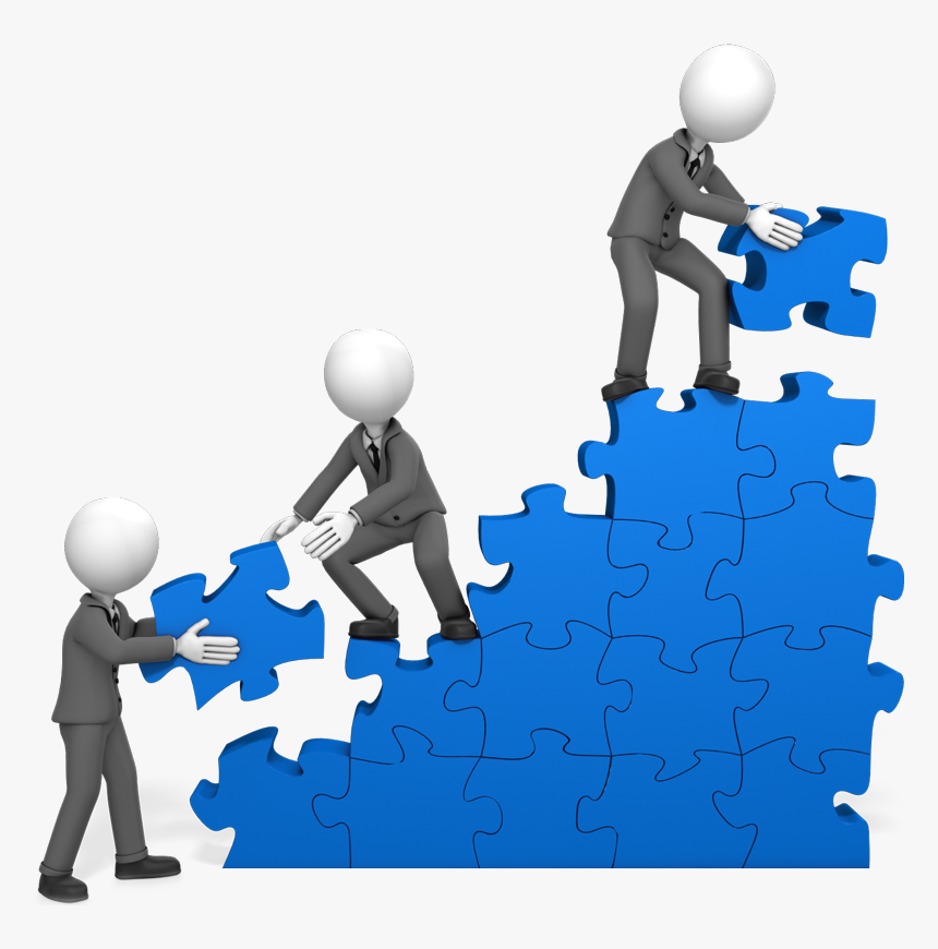 Three business figures assembling a blue puzzle staircase, symbolizing teamwork and progressive problem-solving.