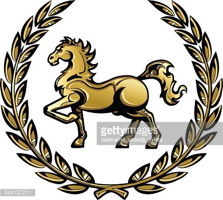 Golden horse in dynamic pose encircled by laurel wreath, symbolizing victory and nobility.