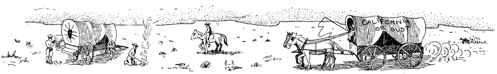 Black-and-white illustration of 19th-century westward expansion: covered wagons, pioneers, campfire, and horseback rider.