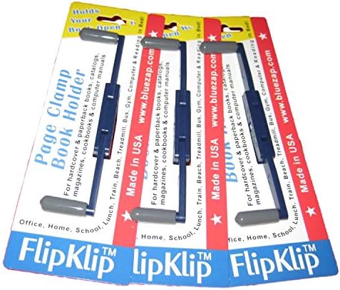 FlipKlip Page Clamp Book Holders in retail packaging-three blue clamps for holding open books, manuals, and cookbooks.