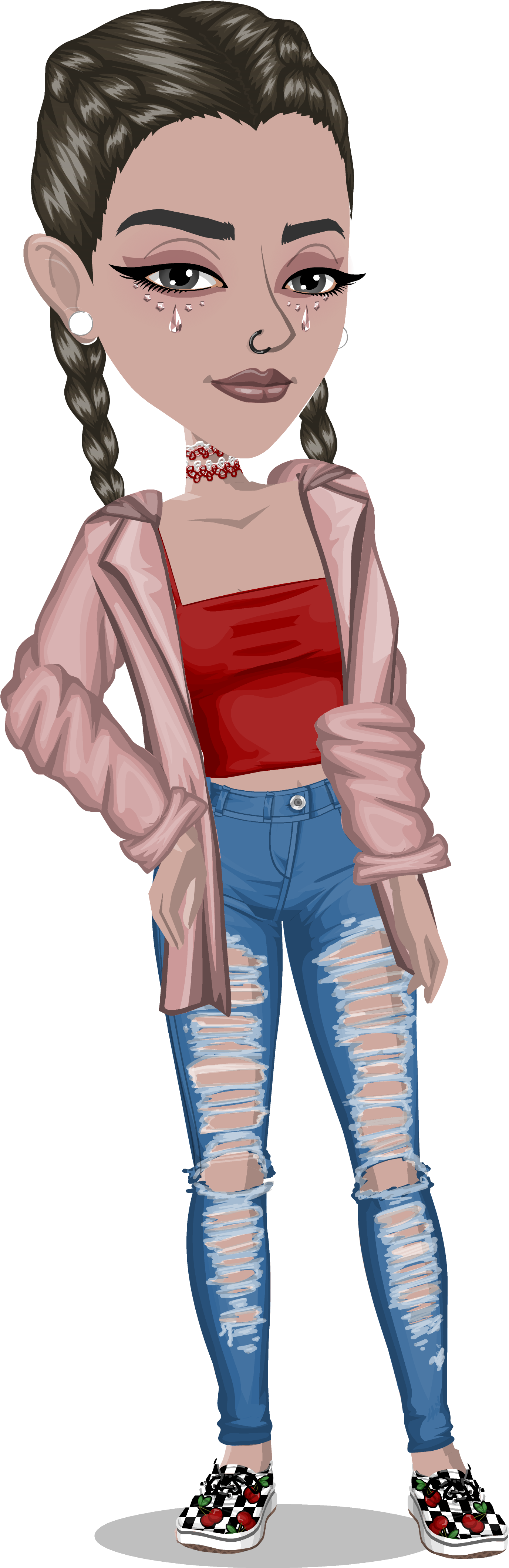 Stylish animated girl with braided hair, red crop top, ripped jeans, and cherry-print sneakers.