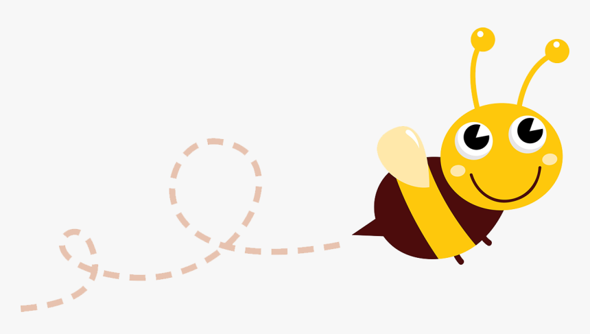 Cheerful cartoon bee flying with a dotted flight path trail, yellow and brown striped body, smiling face, and large eyes.