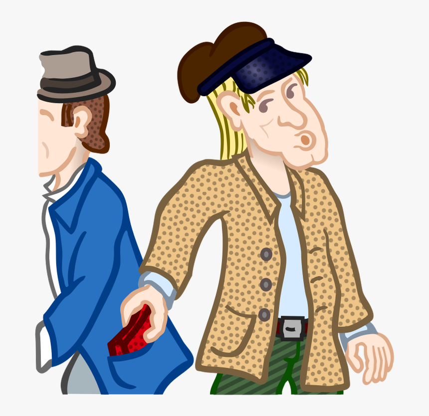 A cartoon thief in a polka-dot jacket stealthily picks a man's pocket while walking past him.